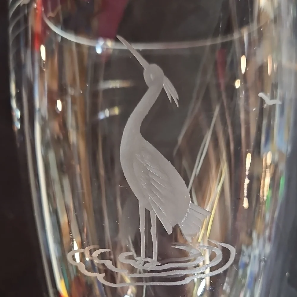 Heavy VTG Scandinavian Handblown Cut Glass Vase with Crane, Heron Egret Etching